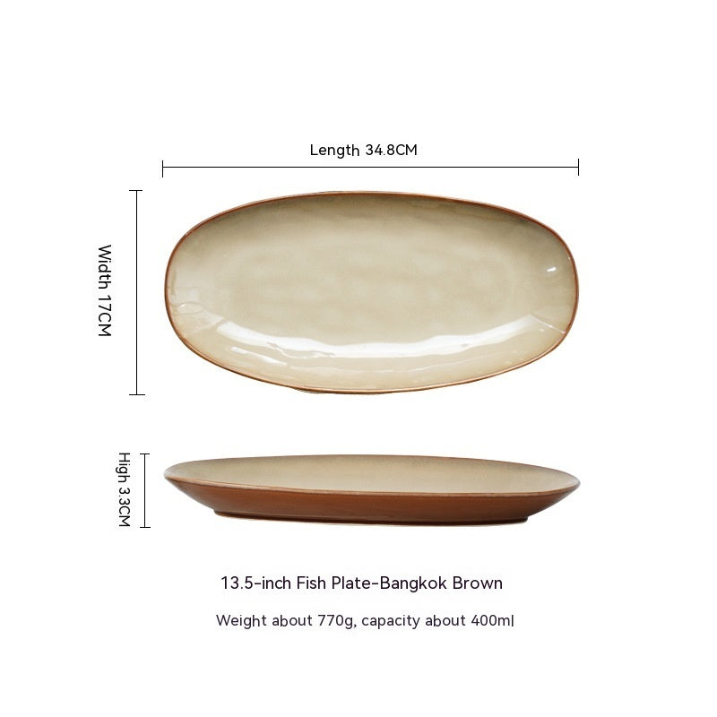 A set of high-quality ceramic oval fish dinner plates in various colors, displayed on a white background and measurements. Beige-brown plate extra large. 