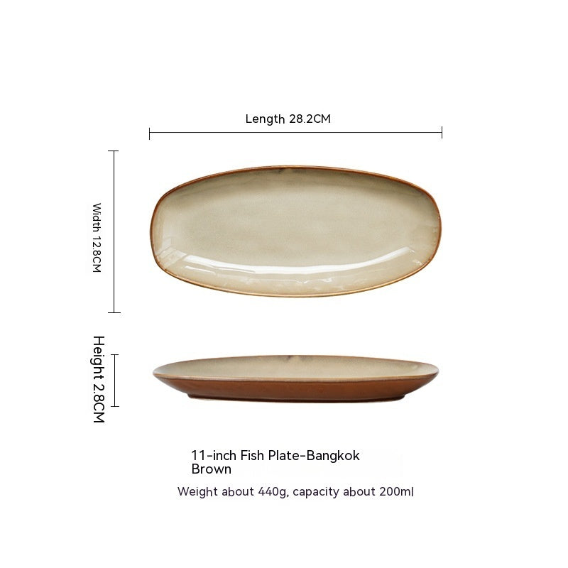 A set of high-quality ceramic oval fish dinner plates in various colors, displayed on a white background and measurements. Beige-brown plate large. 