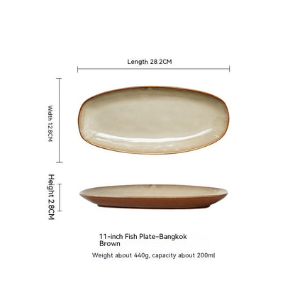 A set of high-quality ceramic oval fish dinner plates in various colors, displayed on a white background and measurements. Beige-brown plate large. 