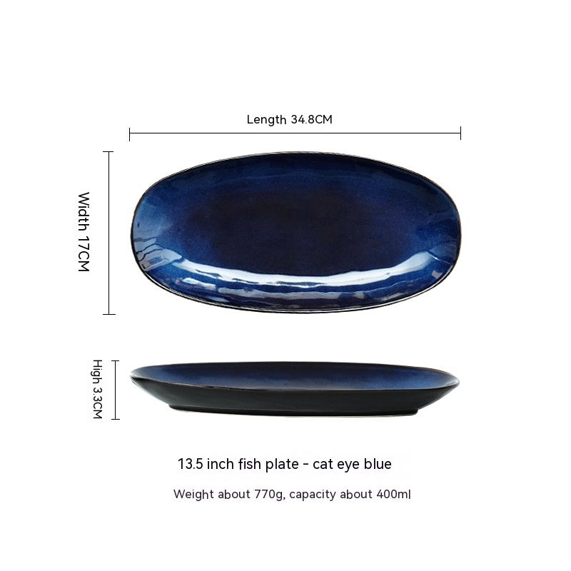 A set of high-quality ceramic oval fish dinner plates in various colors, displayed on a white background and measurements. Blue plate extra large. 