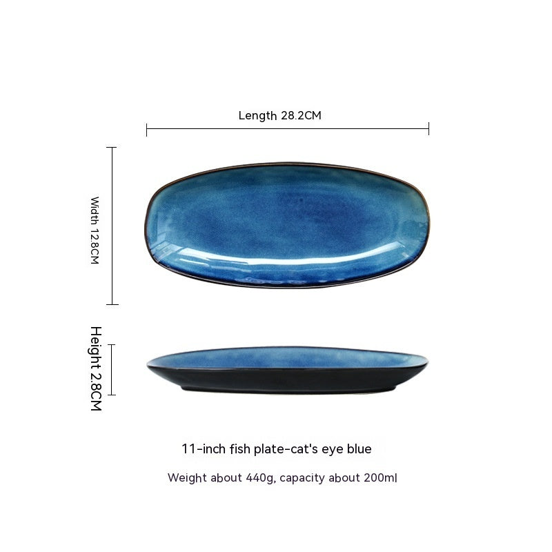 A set of high-quality ceramic oval fish dinner plates in various colors, displayed on a white background and measurements. Blue plate large. 