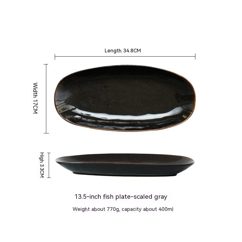 A set of high-quality ceramic oval fish dinner plates in various colors, displayed on a white background and measurements. Gray plate extra large. 