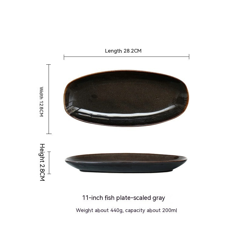 A set of high-quality ceramic oval fish dinner plates in various colors, displayed on a white background and measurements. Gray plate large. 