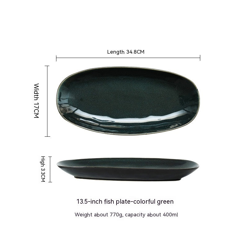 A set of high-quality ceramic oval fish dinner plates in various colors, displayed on a white background and measurements. Green plate extra large. 