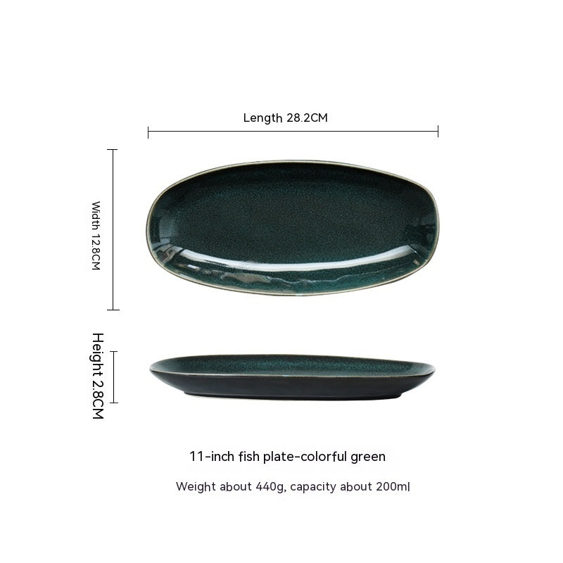 A set of high-quality ceramic oval fish dinner plates in various colors, displayed on a white background and measurements. Green plate large. 