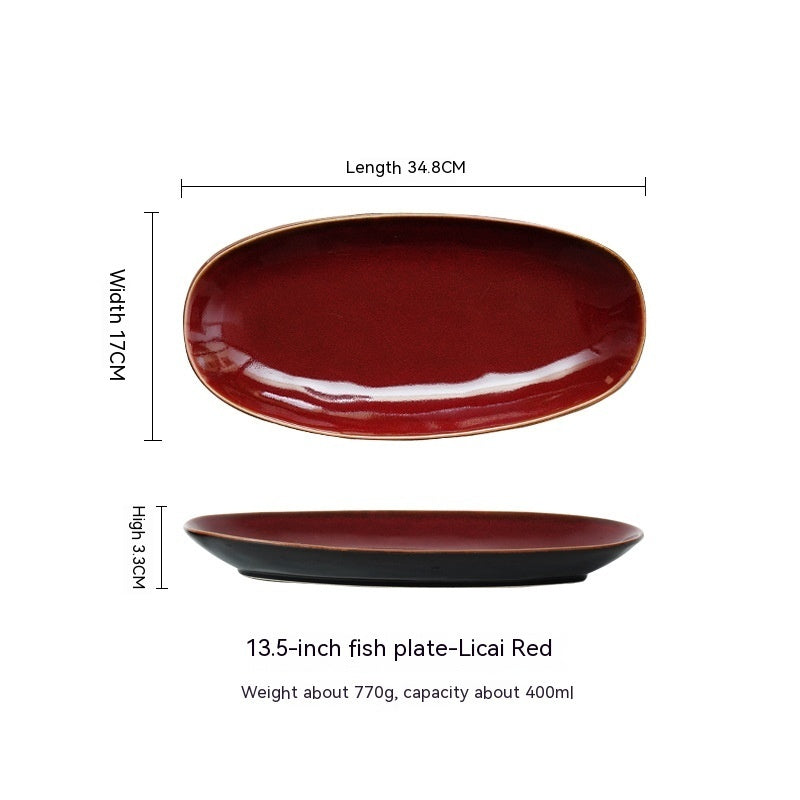 A set of high-quality ceramic oval fish dinner plates in various colors, displayed on a white background and measurements. Red plate extra large. 