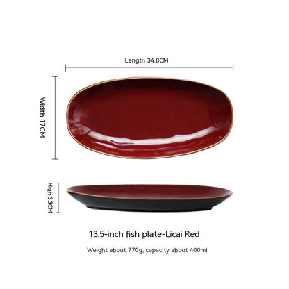 A set of high-quality ceramic oval fish dinner plates in various colors, displayed on a white background and measurements. Red plate extra large. 
