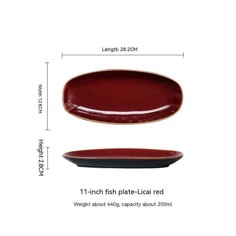 A set of high-quality ceramic oval fish dinner plates in various colors, displayed on a white background and measurements. Red plate large. 