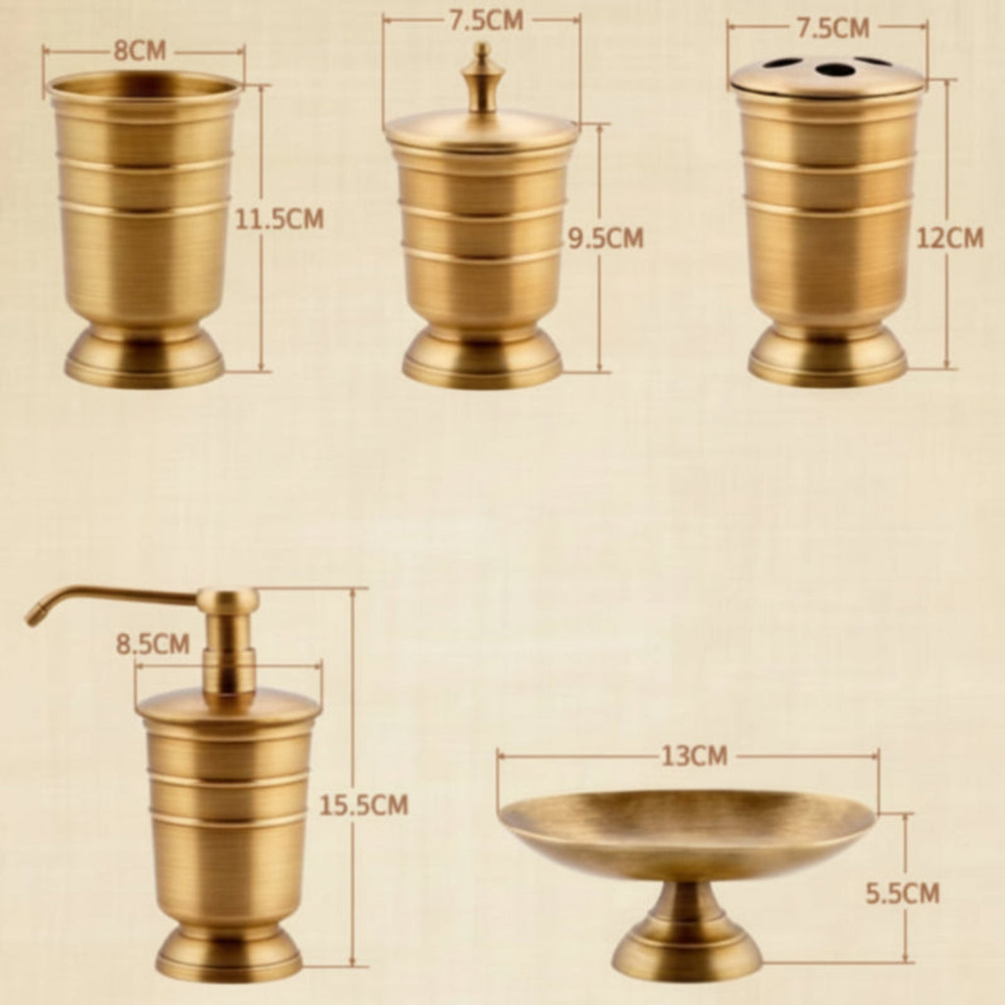 Set of golden bathroom accessories with dimensions on a beige background