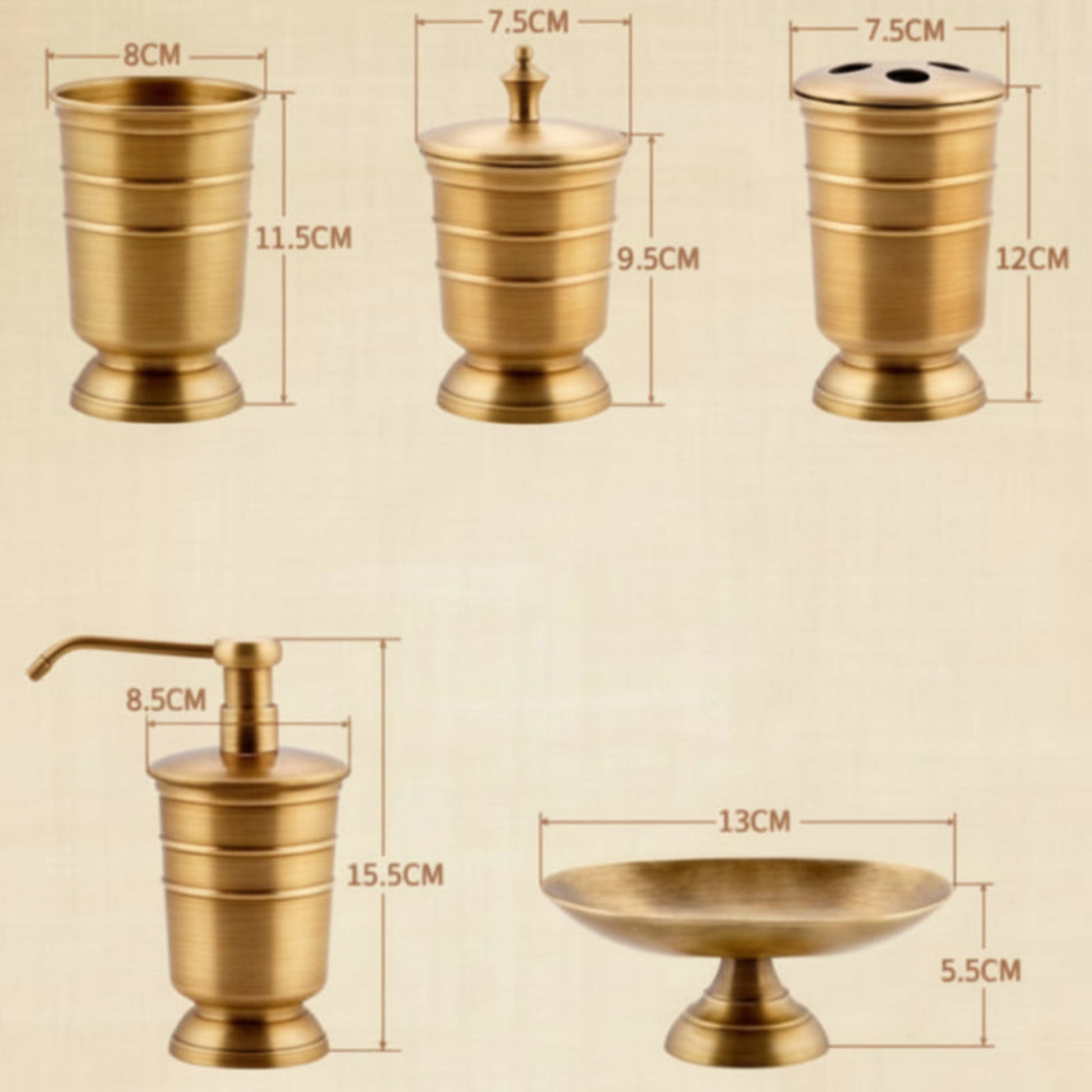 Set of golden bathroom accessories with dimensions on a beige background