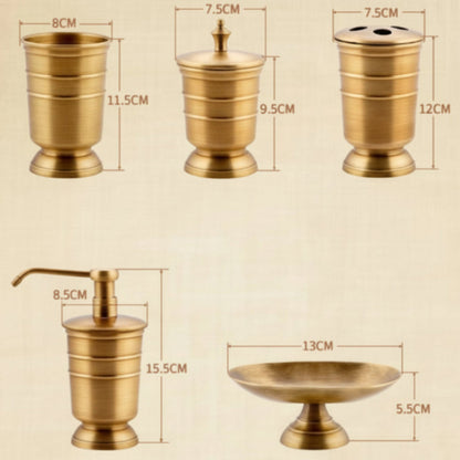 Set of golden bathroom accessories with dimensions on a beige background