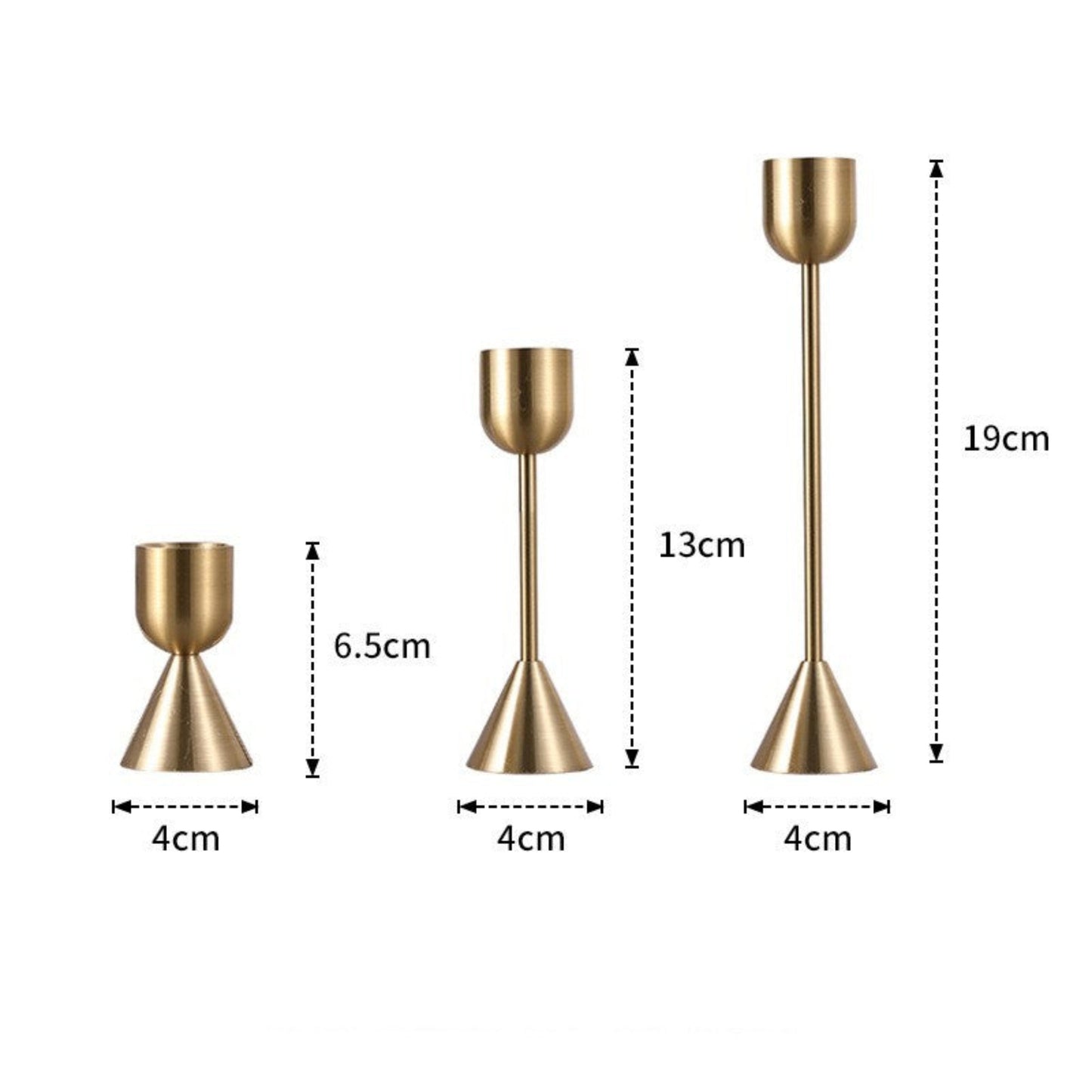 Three gold candle holders with measurements on a white background. 
Minimalist home decor. Timeless design. Modern home decor.  