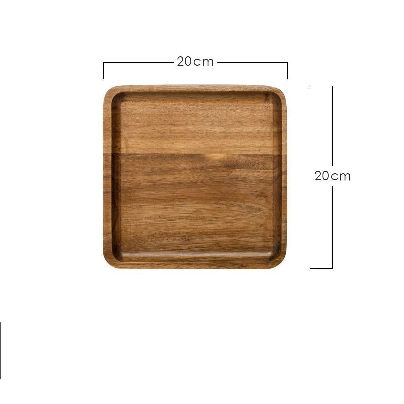 Wooden tray on a white background with measurements. Hand-painted and eco-friendly. Japanese minimalist and natural style. 20x20cm