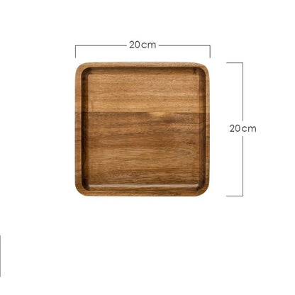 Wooden tray on a white background with measurements. Hand-painted and eco-friendly. Japanese minimalist and natural style. 20x20cm