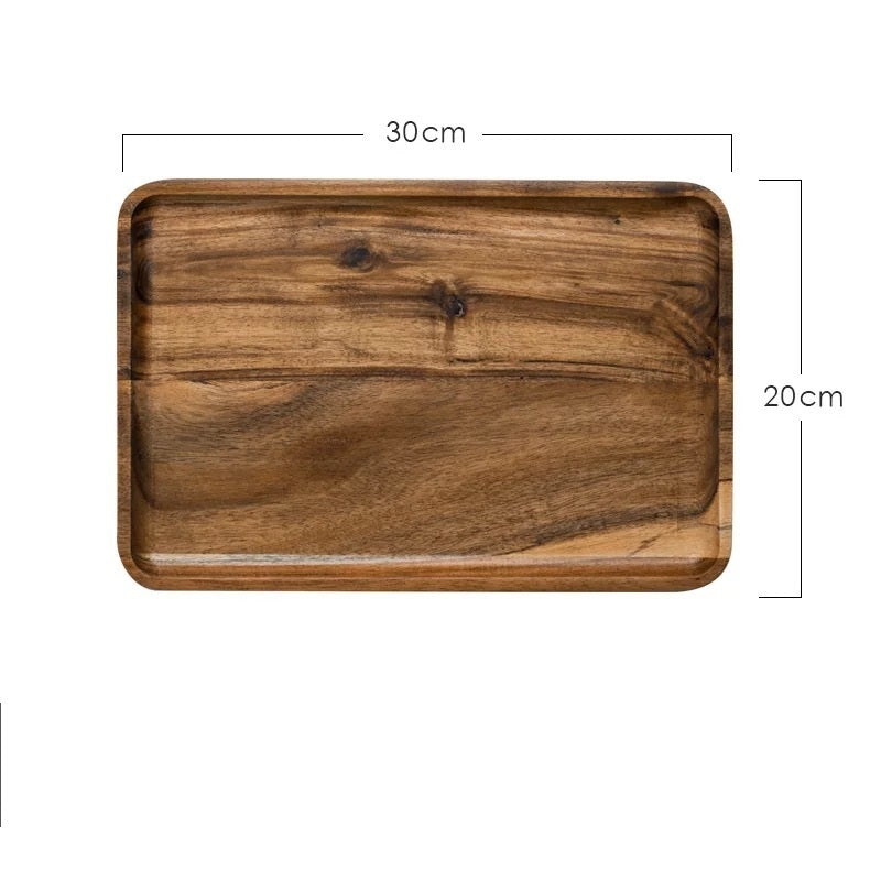 Wooden tray on a white background with measurements. Hand-painted and eco-friendly. Japanese minimalist and natural style. 30x20cm