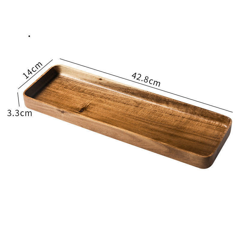 Large wooden tray on a white background with measurements. Hand-painted and eco-friendly. Japanese minimalist and natural style. Long form. 42.8cm x 14cm. 