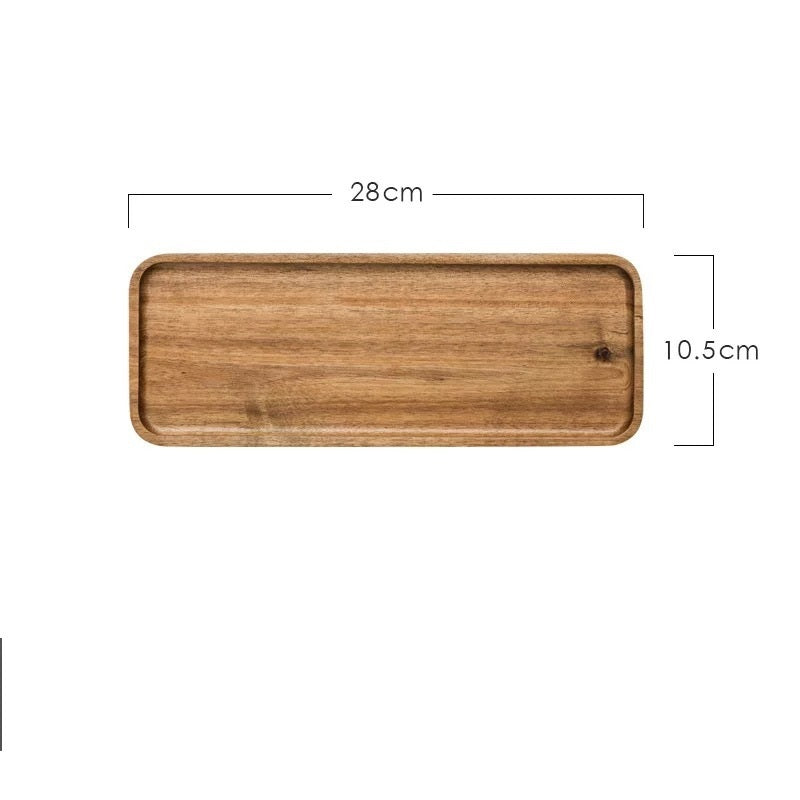 Wooden tray on a white background with measurements. Hand-painted and eco-friendly. Japanese minimalist and natural style. 28x10.5cm