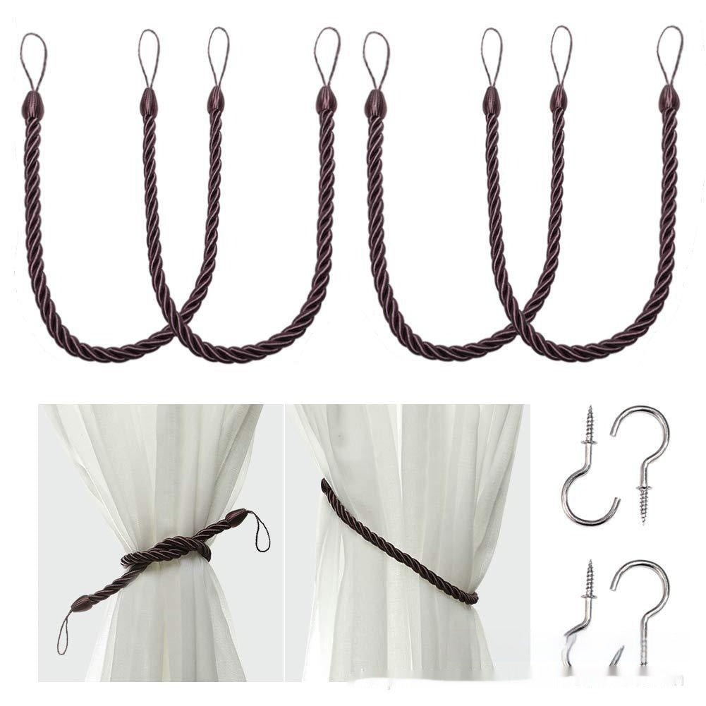 A collection of hand-woven curtain bandage ropes in dark color displayed on a curtain and on a white background. How to install the curtain bandage rope as well. 