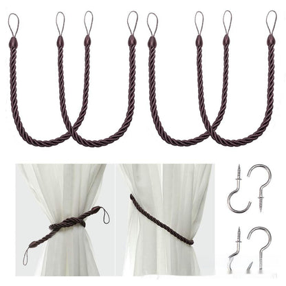 A collection of hand-woven curtain bandage ropes in dark color displayed on a curtain and on a white background. How to install the curtain bandage rope as well. 