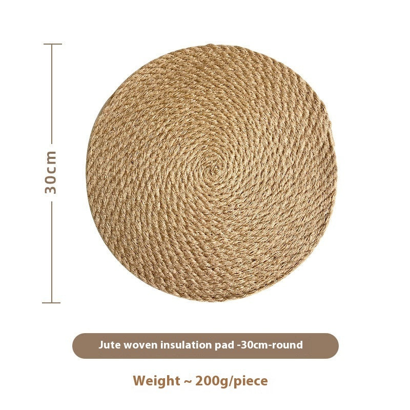 Jute heat proof mat with measurements on a white surface. Warm and earthy decor kitchen pieces. 