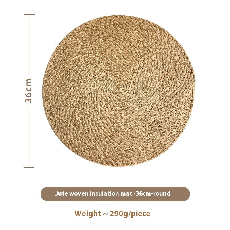 Jute heat proof mat with measurements on a white surface. Warm and earthy decor kitchen pieces. 