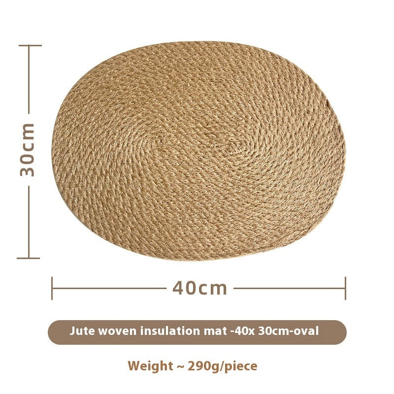 Jute heat proof mat with measurements on a white surface. Warm and earthy decor kitchen pieces. 