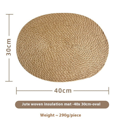 Jute heat proof mat with measurements on a white surface. Warm and earthy decor kitchen pieces. 
