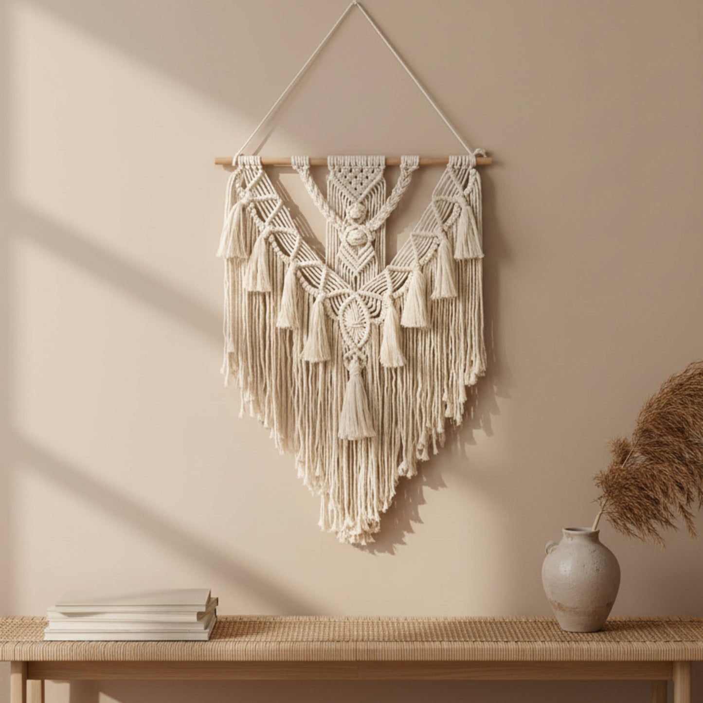 Macrame wall hanging with tassels on a white-beige wall background. Earthy, warm and natural ambience. 