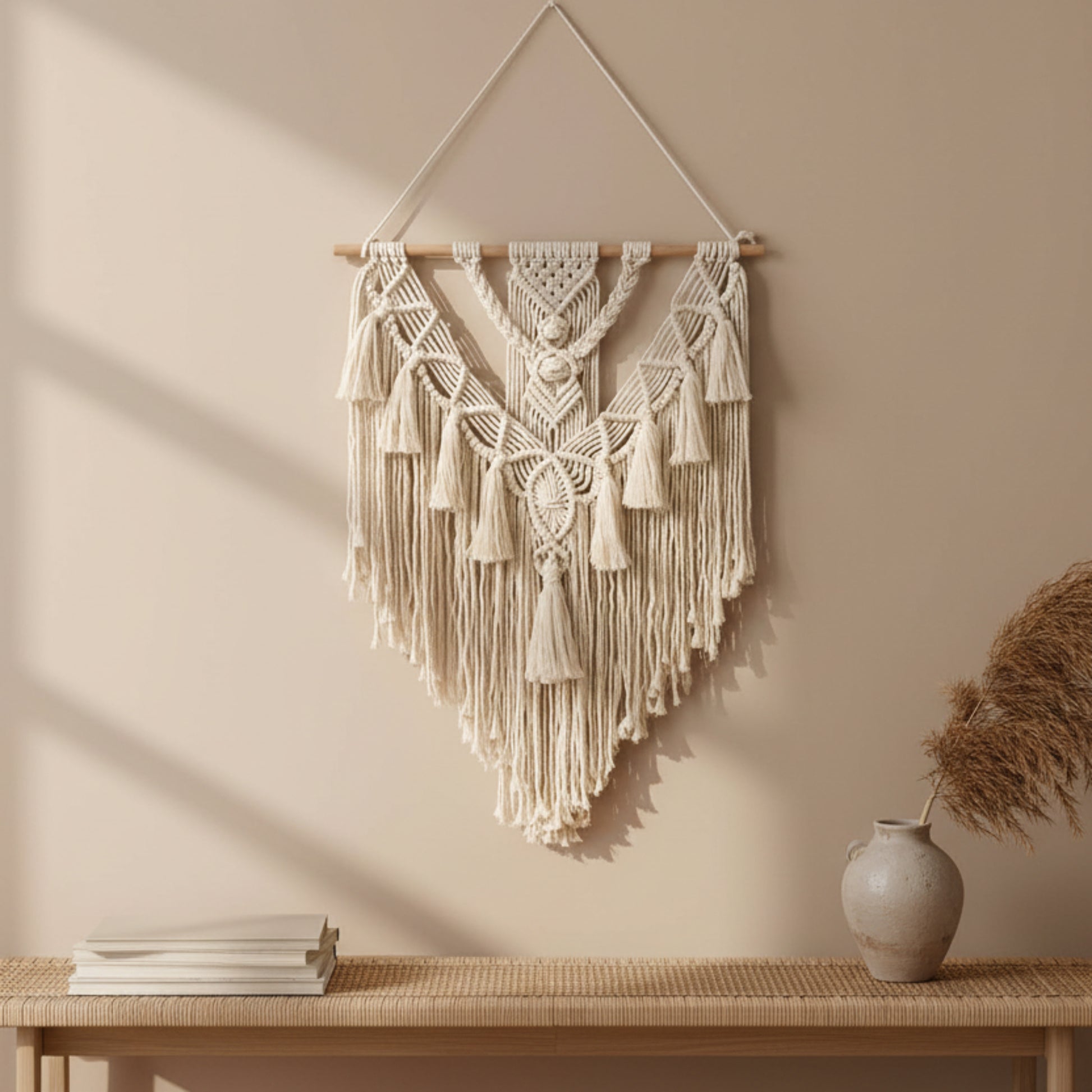 Macrame wall hanging with tassels on a white-beige wall background. Earthy, warm and natural ambience. 