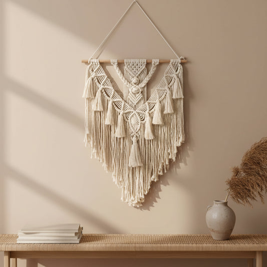 Macrame wall hanging with tassels on a white-beige wall background. Earthy, warm and natural ambience. 
