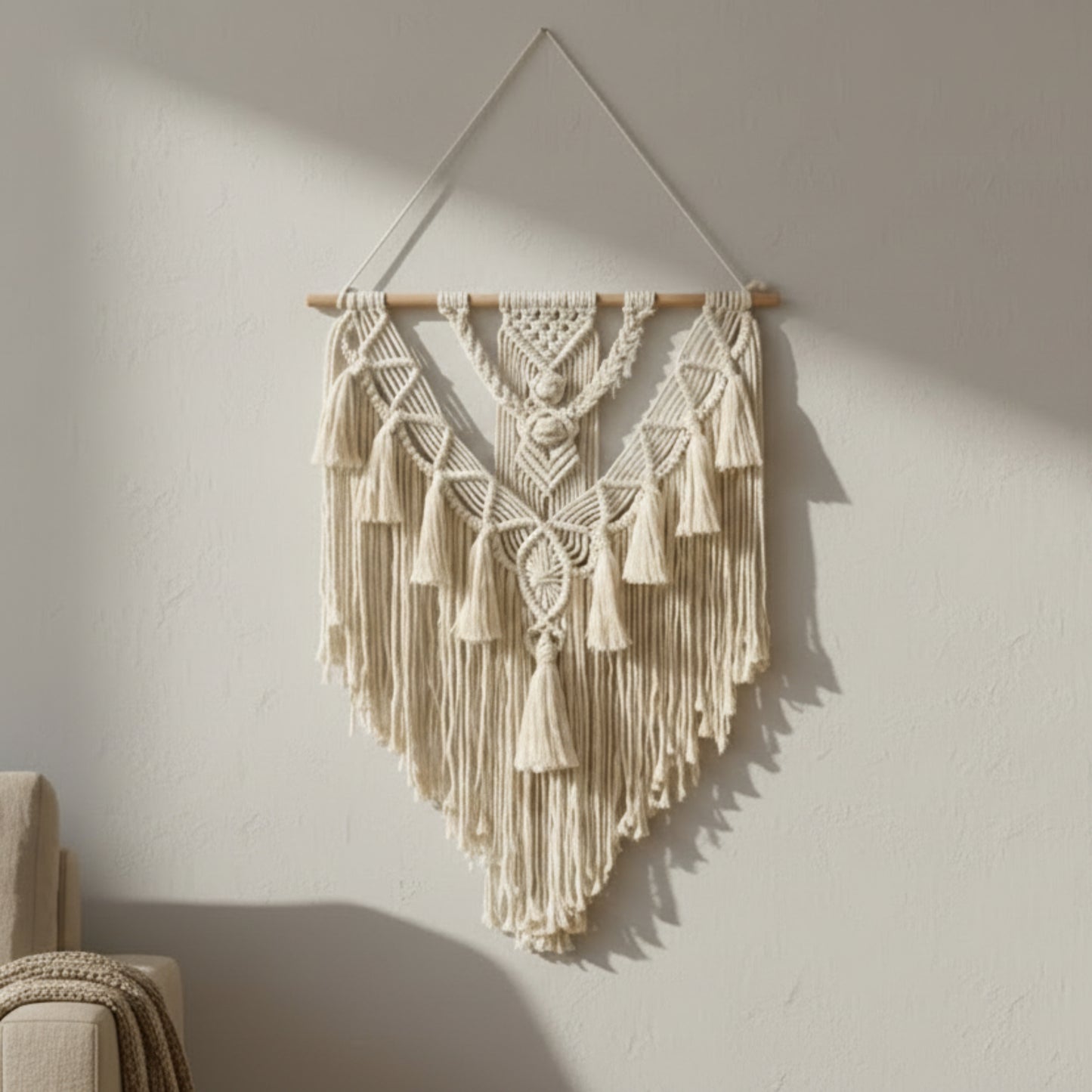 Hand-woven macrame wall hanging with tassels on a white living room wall background with sofa in the picture. Earthy, warm and natural ambience. 