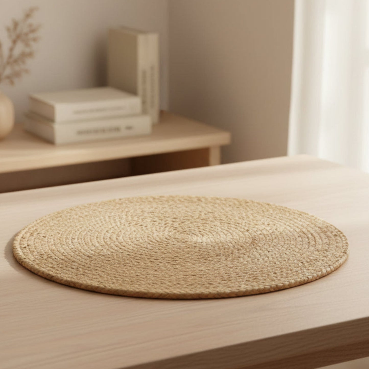 Hand-woven rattan carpet on a wooden surface. Books and beige, blurry background. A warm minimalist interior with natural decor and simple design. A pieces that add warmth, texture, and balance to modern homes.