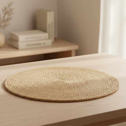 Hand-woven rattan carpet on a wooden surface. Books and beige, blurry background. A warm minimalist interior with natural decor and simple design. A pieces that add warmth, texture, and balance to modern homes.