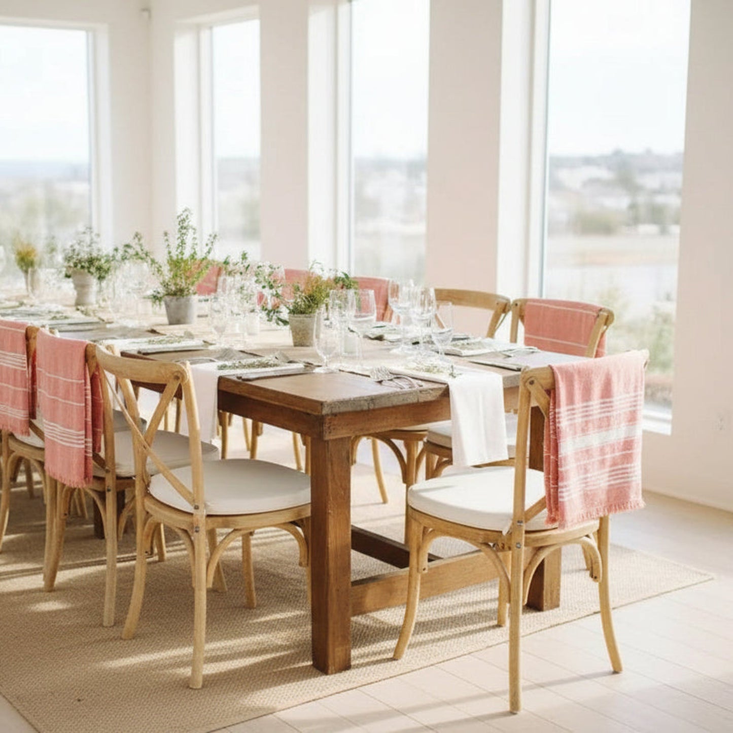 Dining room with wooden table and chairs, pink tablecloths, and large windows. Jute table runner on a wooden table. Natural decor styling idea for calm and modern design. 