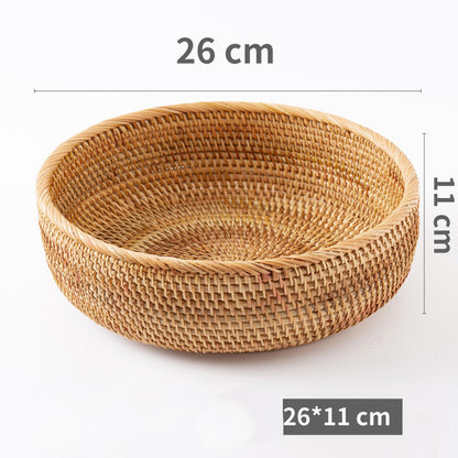 A large handmade rattan woven storage baskets with measurements on a white background. Earthy and natural kitchen and living room decor. 