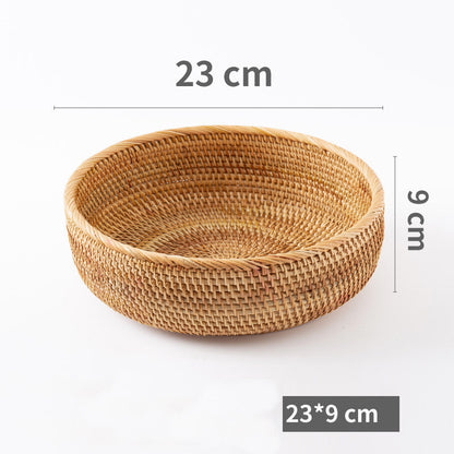 A handmade rattan woven storage baskets with measurements on a white background. Earthy and natural kitchen and living room decor. 