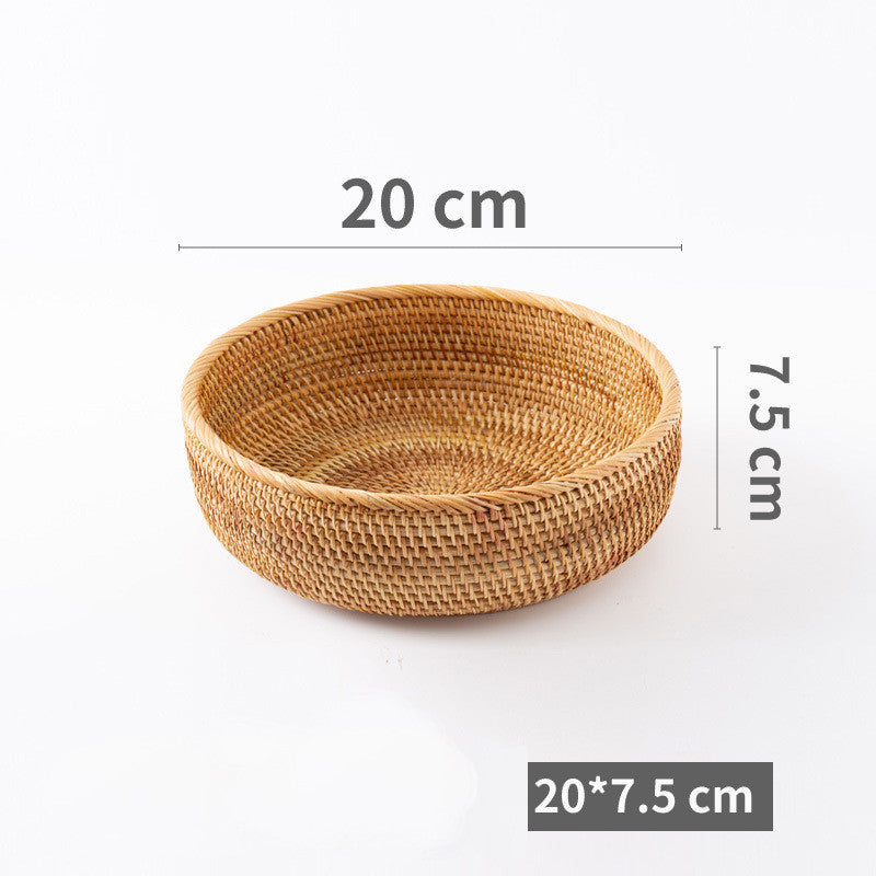 A handmade rattan woven storage baskets with measurements on a white background. Earthy and natural kitchen and living room decor. 