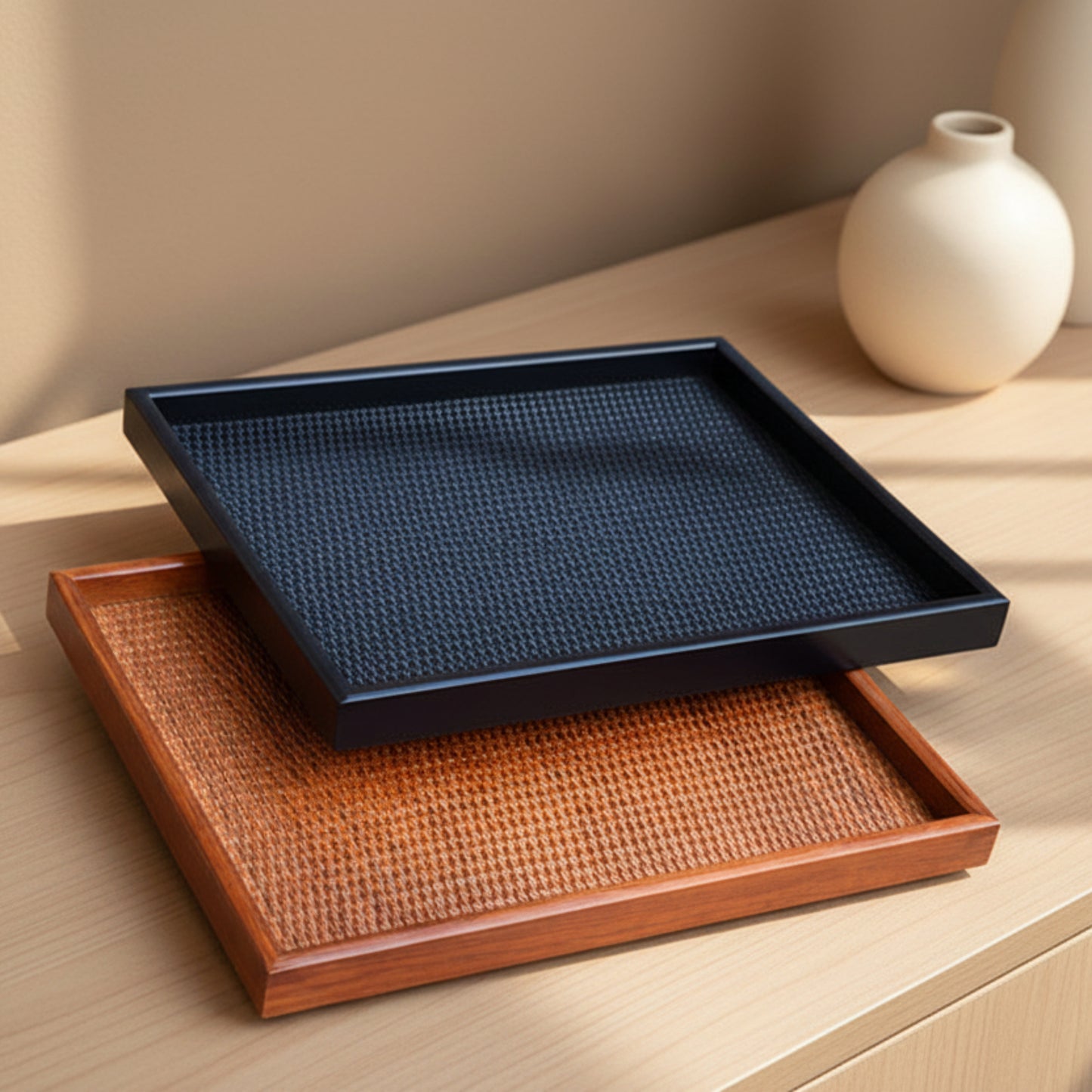 Two handmade, one black and one brown, rectangular wooden rattan tray on a wooden surface with soft shadows and a beige wall in the background. Warm and earthy home ambience.