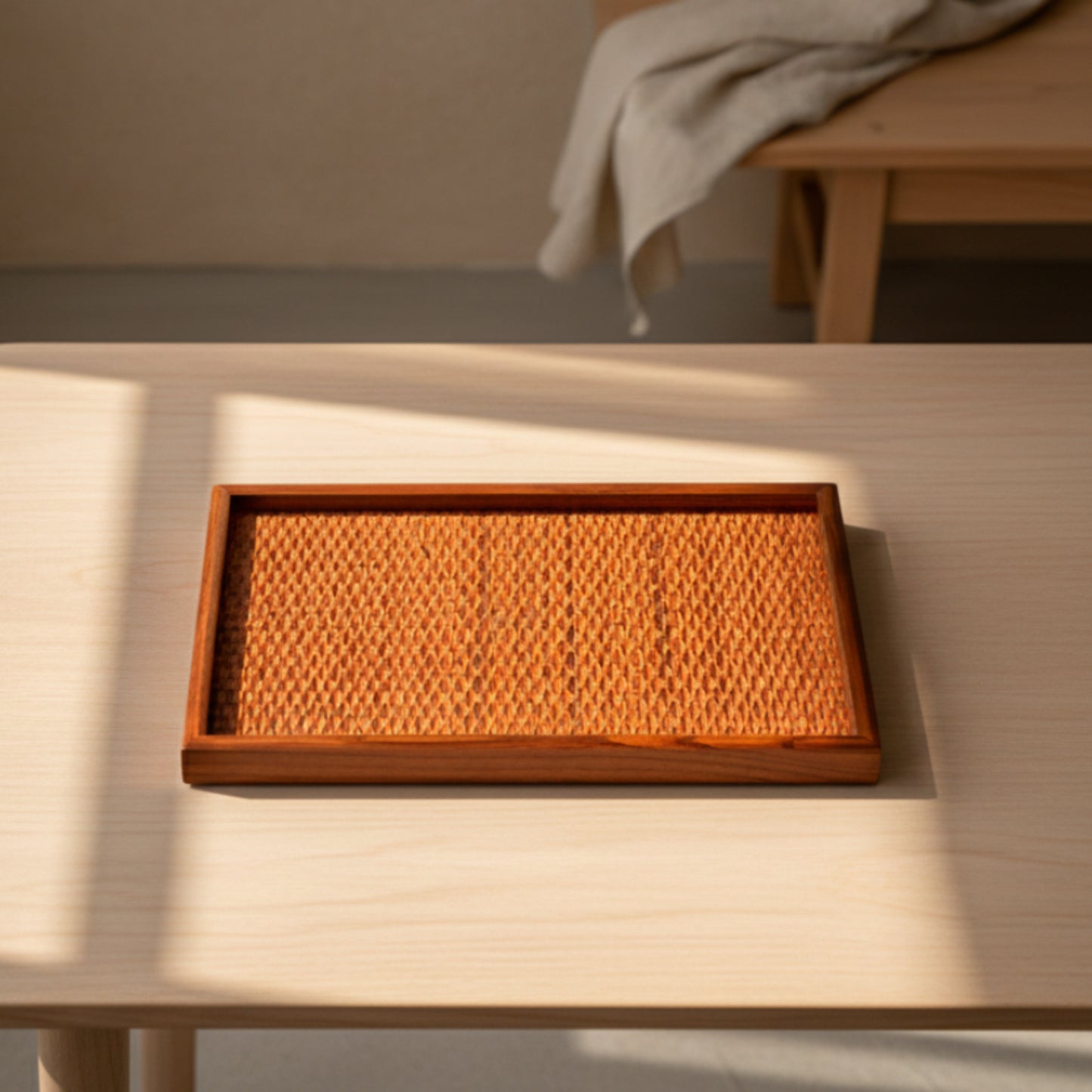 Handmade brown rectangular wooden rattan tray on a wooden surface with soft shadows and a beige wall and wooden bench in the background. Warm, natural and earthy home ambience. 