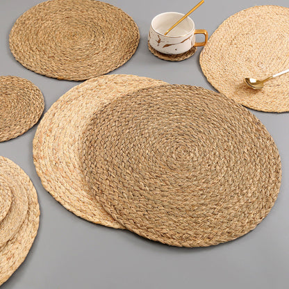 Beige and brown table set on a grey table and a cup. Handmade natural decor styling for calm and earthy tables. 