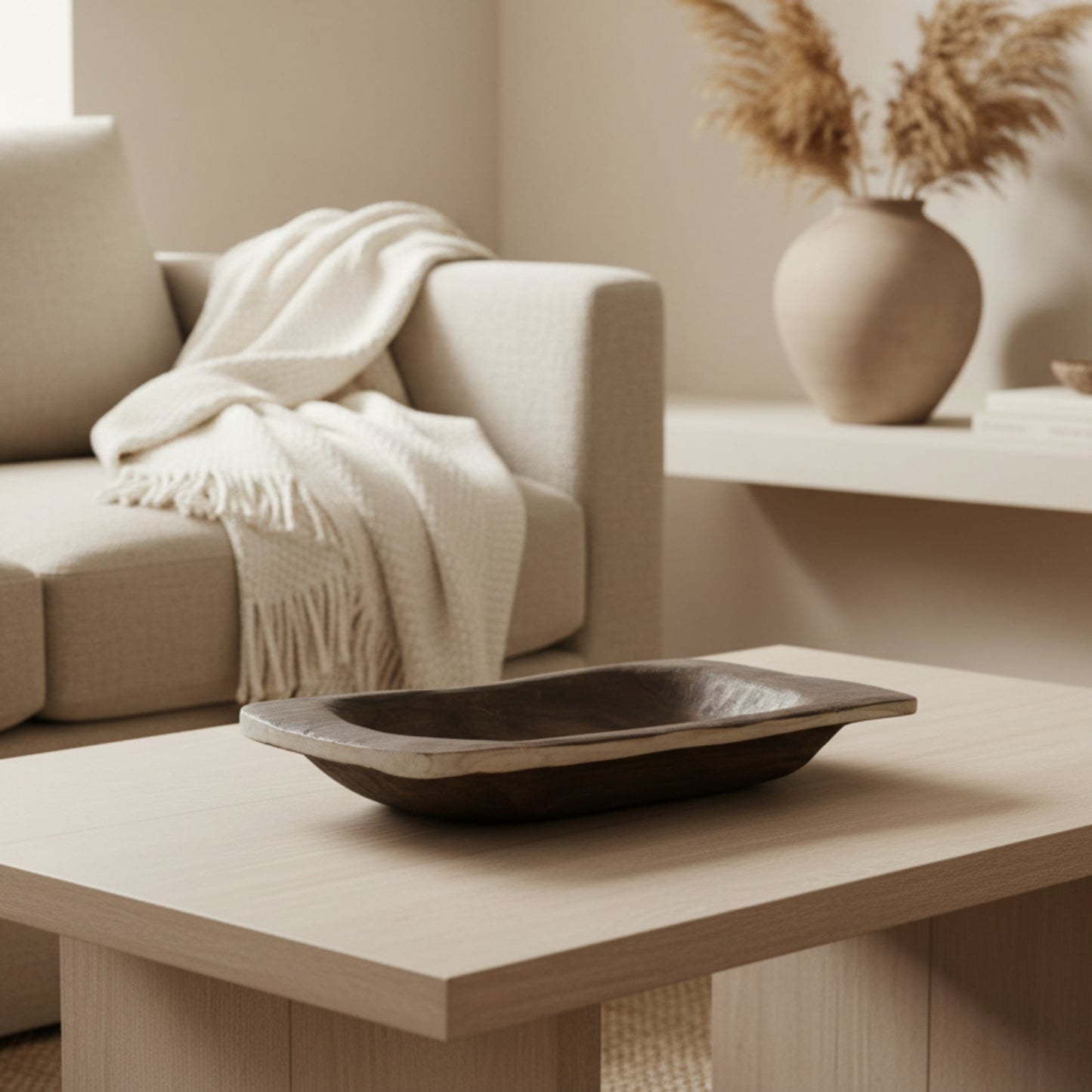 Wooden tray with warm earthy tones on a wooden table on a beige background. Organic materials. Perfect for creating a calm and minimalist interior atmosphere. Tray for every room. Dried flowers in the background. 