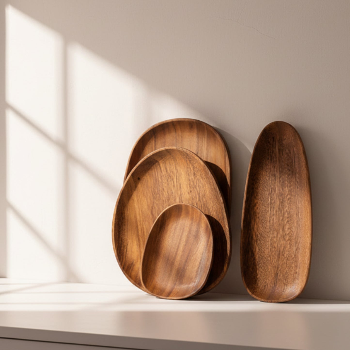 Set of wooden serving platters on a light kitchen surface with a neutral background. Minimalist decor piece with warmth and harmony. Natural and earthy decor. 