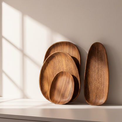 Set of wooden serving platters on a light kitchen surface with a neutral background. Minimalist decor piece with warmth and harmony. Natural and earthy decor. 