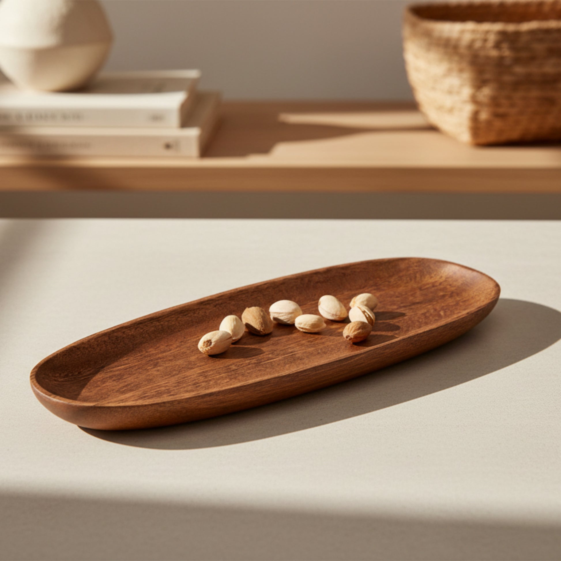 Wooden tray with nuts on a white-beige kitchen surface. Kitchen setting with natural colors in the background. Natural decor. Minimalist decor piece with warmth and harmony. Natural and earthy decor. 