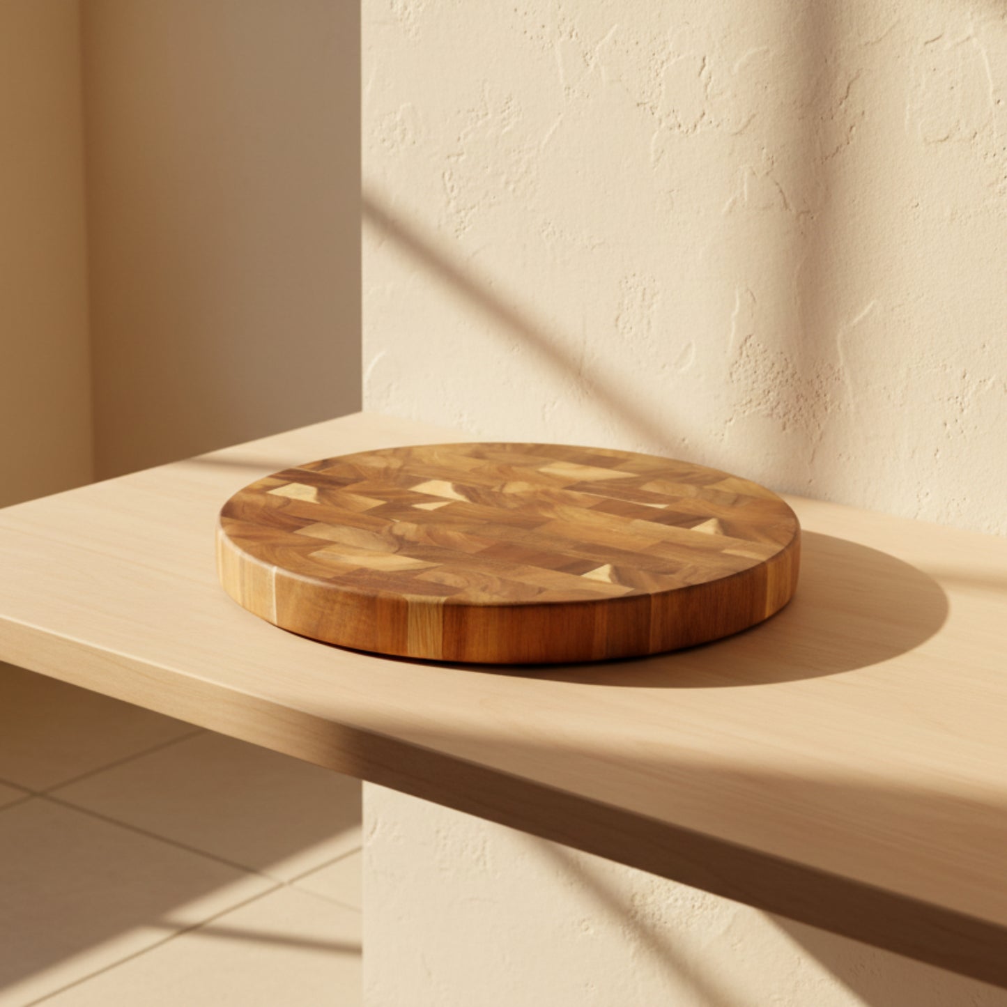 Round solid wood cutting board with a checkered pattern on a beige warm wall background and on a wooden surface. Warm and earthy ambience. 