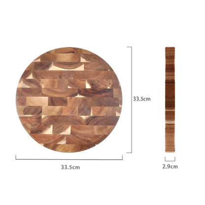 Solid wood cutting board with dimensions on a white background. 