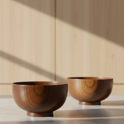 Two wooden bowls on a reflective kitchen surface with a neutral and wooden background. Solid wood. Japanese style. Earthy and natural. 