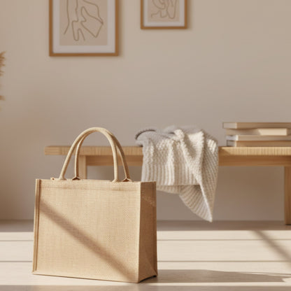Jute bag on a beige floor. Bench, books, pictures and blanket in the background. Beige and warm atmosphere. minimalist accessories inspired by natural materials and Scandinavian design, created for a beautiful and waterproof atmosphere.