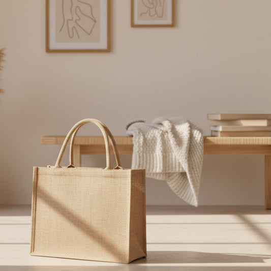Jute bag on a beige floor. Bench, books, pictures and blanket in the background. Beige and warm atmosphere. minimalist accessories inspired by natural materials and Scandinavian design, created for a beautiful and waterproof atmosphere.