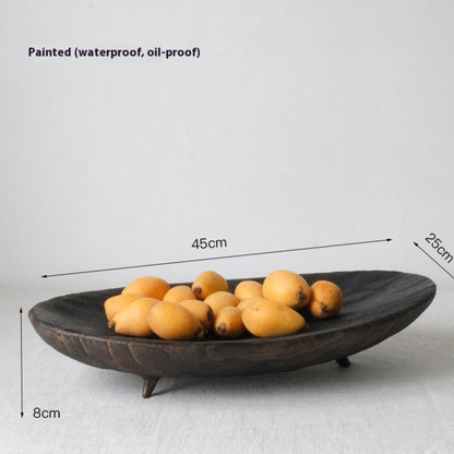 Large wooden tray with carvings and fruits on a white background and with measurements. Minimalist and Scandinavian home decor with earthy ambience. 